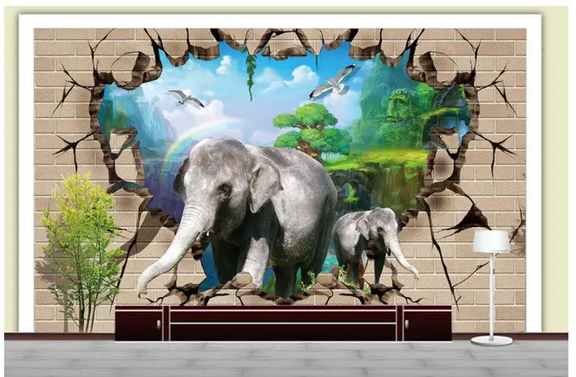Elephant broken wall 3d customized wallpaper