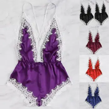 

2019 Women Sexy-Lingerie Sleeveless Solid V Neck Lace Summer Sexy Ladies Sleepwear Lace Babydoll Lace Nightwear Pajamas Set