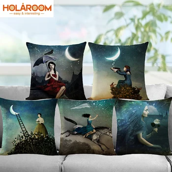 

Moon Light Girl Cushion Cover Cotton Linen Decorative Pillowcase Square Pillows Cover Pillow Case Home Office Car Sofa Decor
