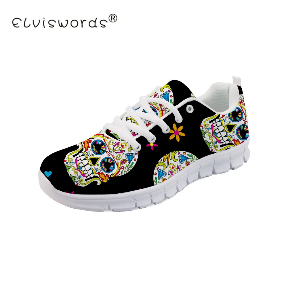 

ELVISWORD Punk Style Skull Black Print Women Flats Shoes Breathable Nurse Work Loafer Autumn Mesh Sneakers Female Tenis Feminino