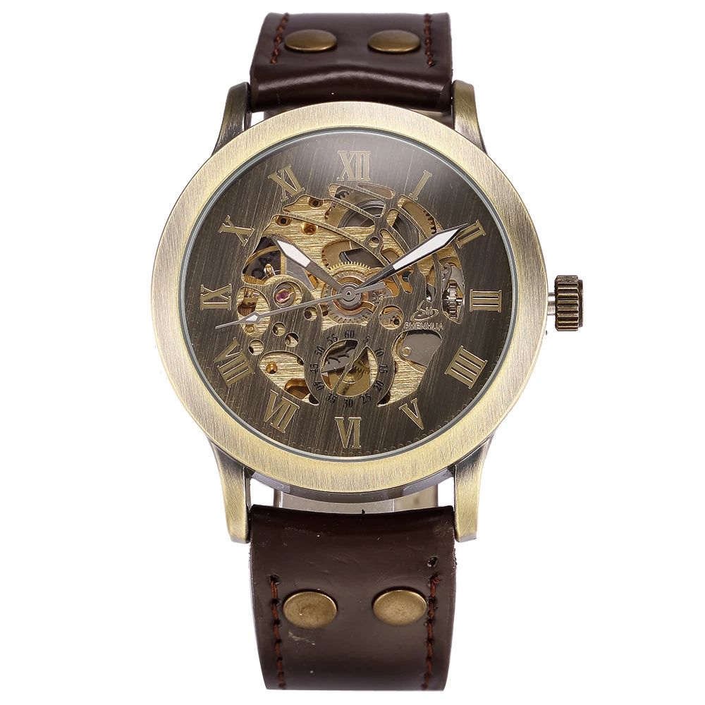 SHENHUA Vintage Design Male Clock Skeleton Dial Relogios Auto Mechanical Men's Wrist Watches Casual horloges mannen