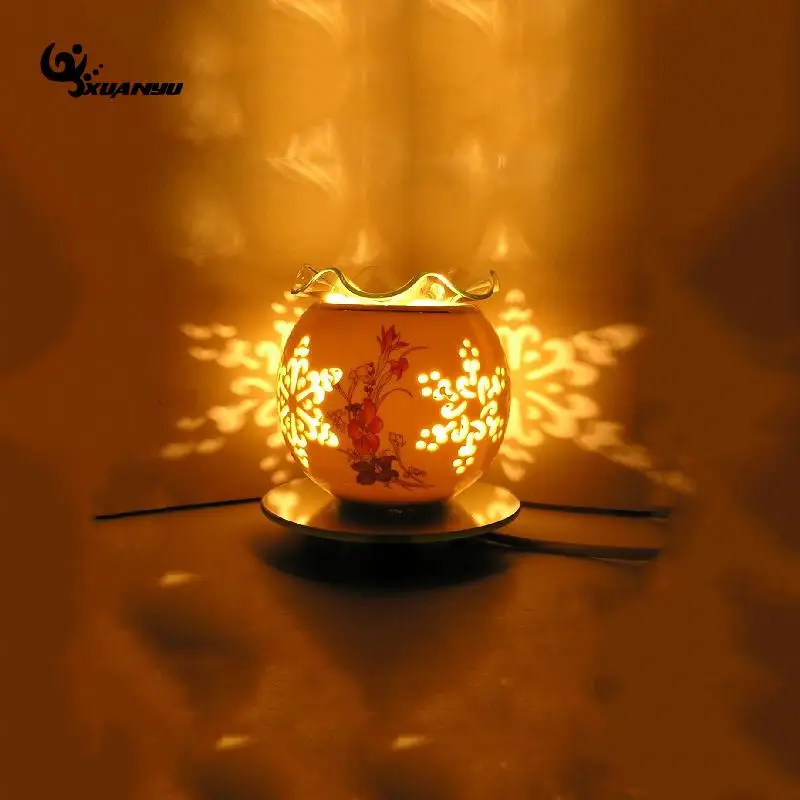 

Electric Aroma Burner Hollowed Essential Oil Lamp Regulating Switch Aroma Burner Floral Decorated Desk Lamp Home Decor 220V