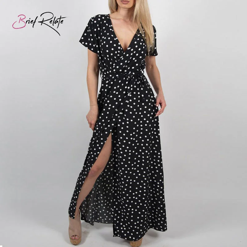 

Brief Relate Polka Dot Summer Beach Style Chiffon Dress Deep V-Neck Ankle Length Long Split Sexy Women Dress 4 Colors