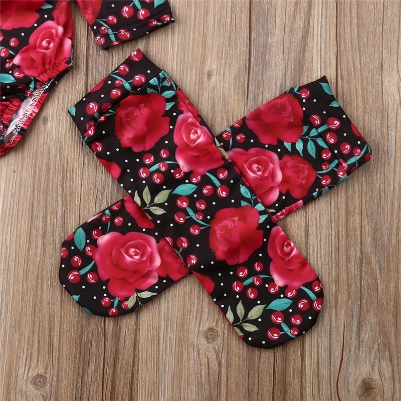 Одежда с цветочным рисунком для маленьких девочек комплекты из 3 предметов Модный комбинезон с длинными рукавами и открытыми плечами с цветочным принтом, гетры, повязка на голову, одежда для маленьких девочек от 0 до 24 месяцев