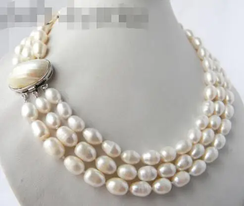 

10X10 jewerly free shipping 3Strands 18'' 9.5mm White Rice Freshwater Pearl Necklace