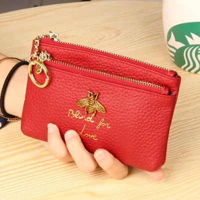 

Designer brand Cowhide Wallet Soft Zipper Wallet for Woman Bee Embroidery Lovely Purse ID Card Hoder Card Wallet genuine leather