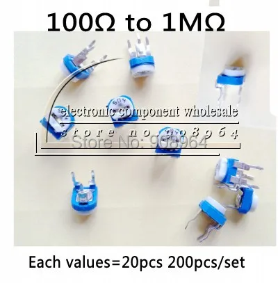 200pcs/set 10 Values Potentiometer Trimpot Variable Resistor Assortment 100ohm to 1M | Электронные компоненты и