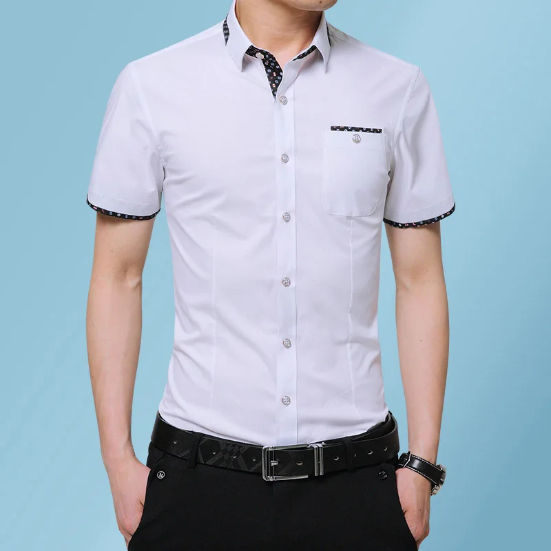 Мужская Повседневная рубашка с коротким рукавом Однотонная Летняя мужская летняя Роскошная хлопковая рубашка с короткими рукавами кардиган с отложным воротником - Цвет: Белый