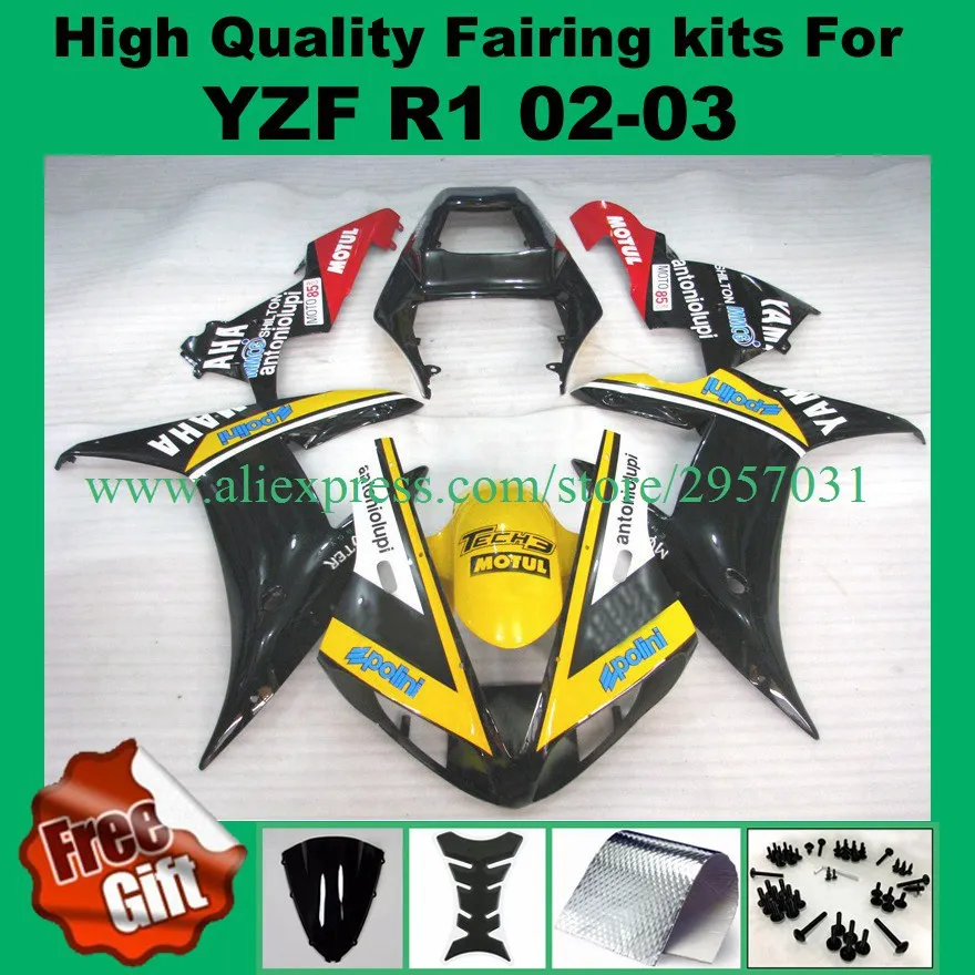 Ücretsiz vidalar + hediyeler Enjeksiyon Kalıp kaporta kiti YAMAHA YZFR1 02 03 YZF R1 2002 2003 YZFR1000 yzfr1 02 03 sarı Kırmızı Siyah