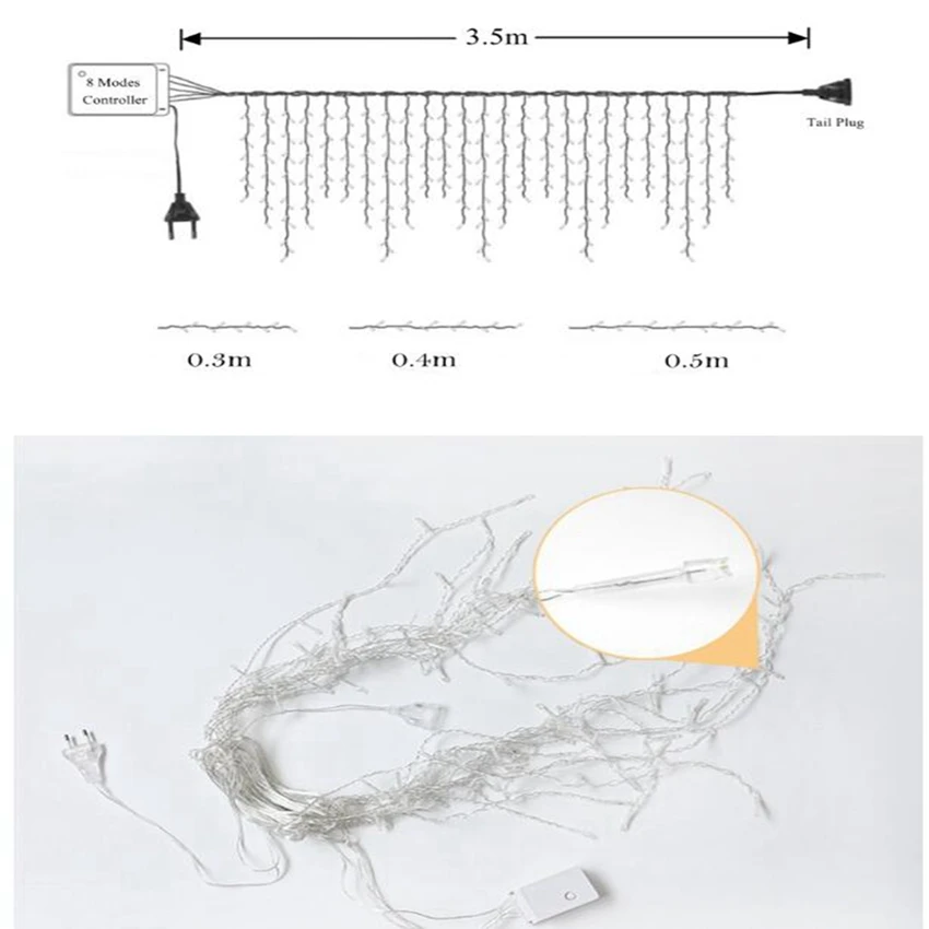 Рождественское уличное украшение для помещений, 3,5 м, 0,4-0,6 м, занавес, сосулька, светодиодные гирлянды, новогодние, садовые, вечерние, AC 220 В