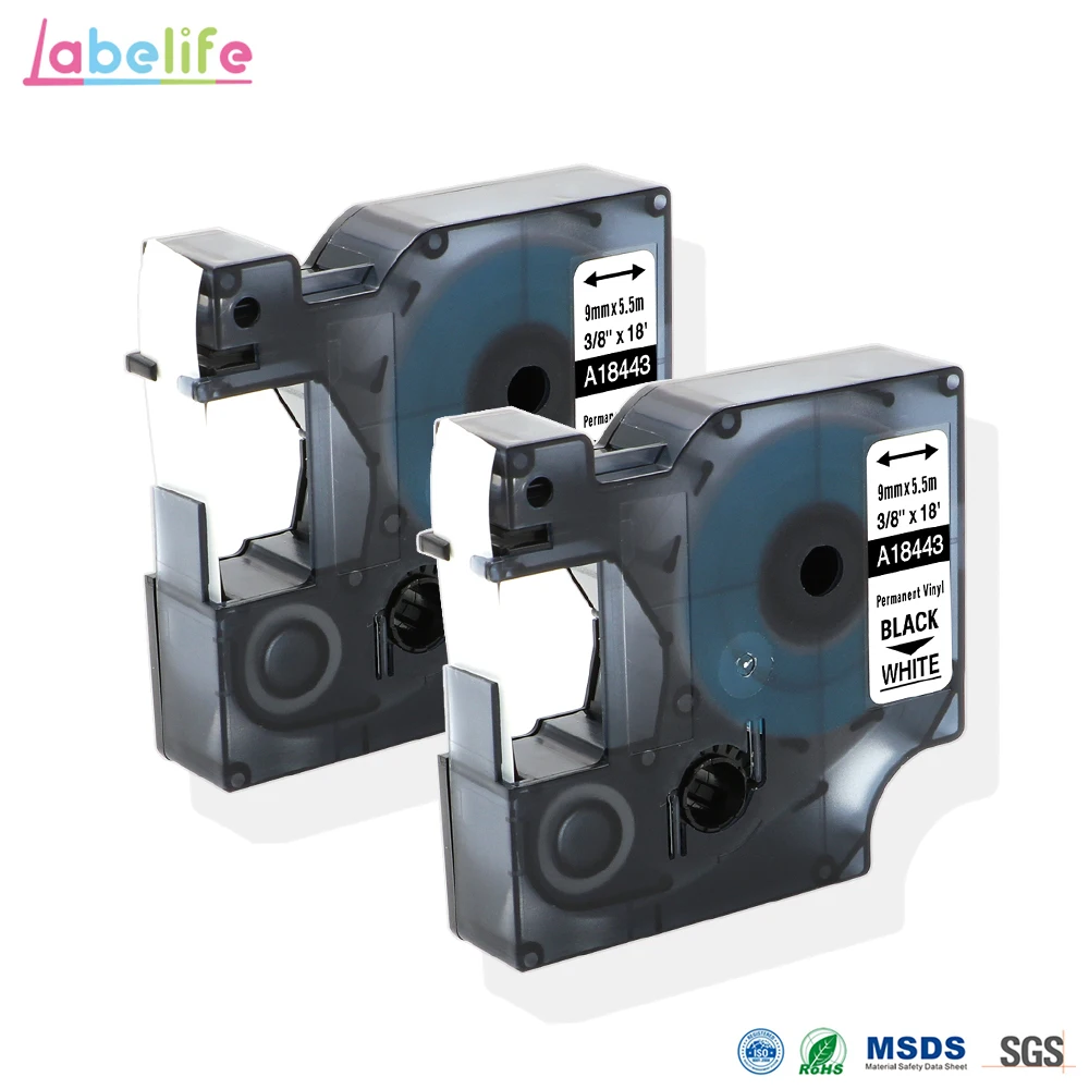 2 Pack 18443 Black on White for DYMO Rhino IND Vinyl Labels Rhino 9mm Label Tape Industrial