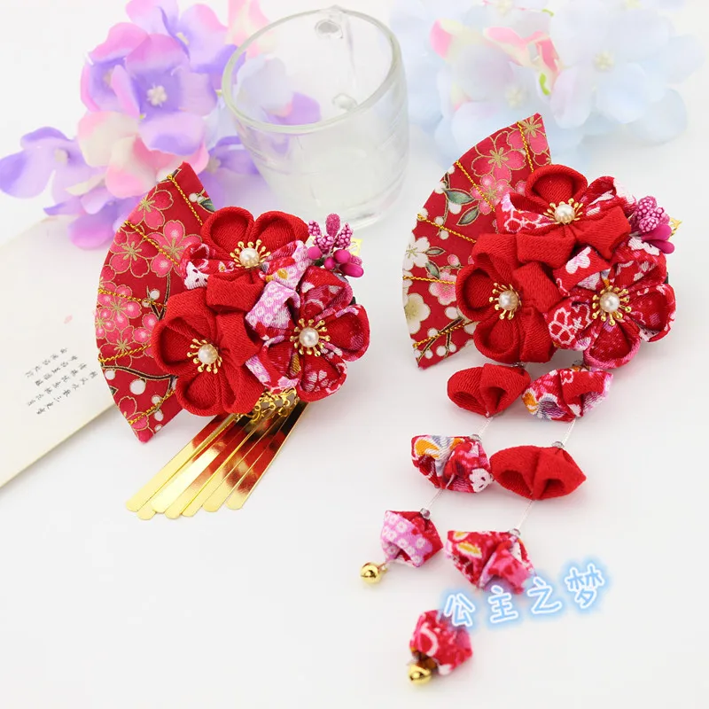 Японский стиль tsuami Kanzashi Розовый Красный кисточки Цветок сакуры веер кимоно аксессуар ручной работы заколка для волос HW002