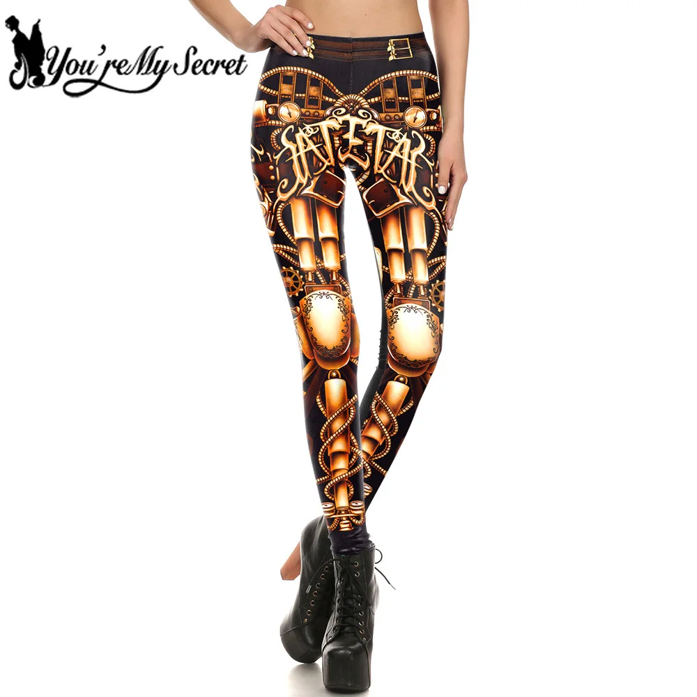 

[You're My Secret] 2019 New Arrival Steampunk Bronze Brown Vintage Retro Women's Legging Metal Gear Letter Design Leggins Mujer