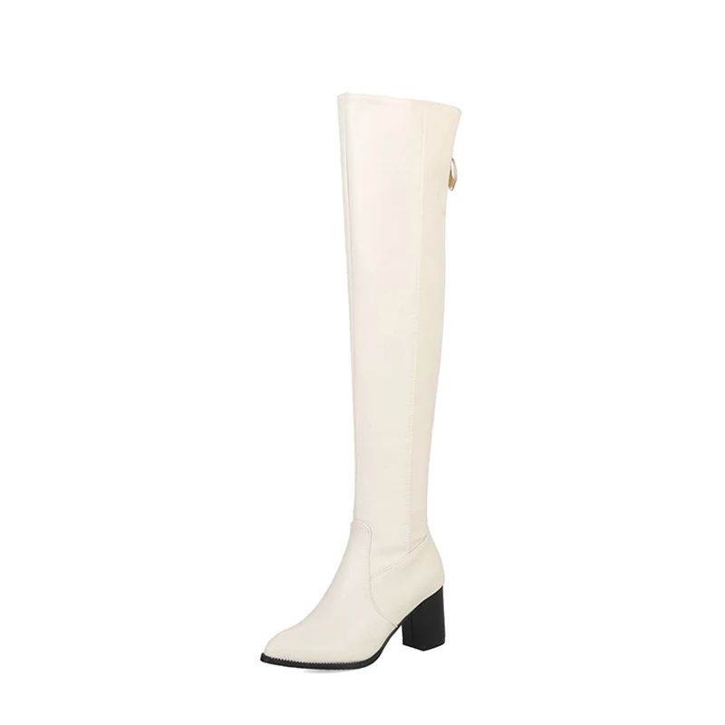 WETKISS/женские сапоги из Pu искусственной кожи на высоком каблуке женские Сапоги выше колена с острым носком и заклепками теплая обувь женская зимняя обувь размера плюс 33-48 - Цвет: beige  short plush