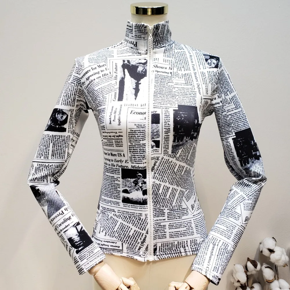 

women long sleeve turtleneck motorcycle newspaper print tee shirts ladies faux jewels zipper punk skinny elastic basic tops
