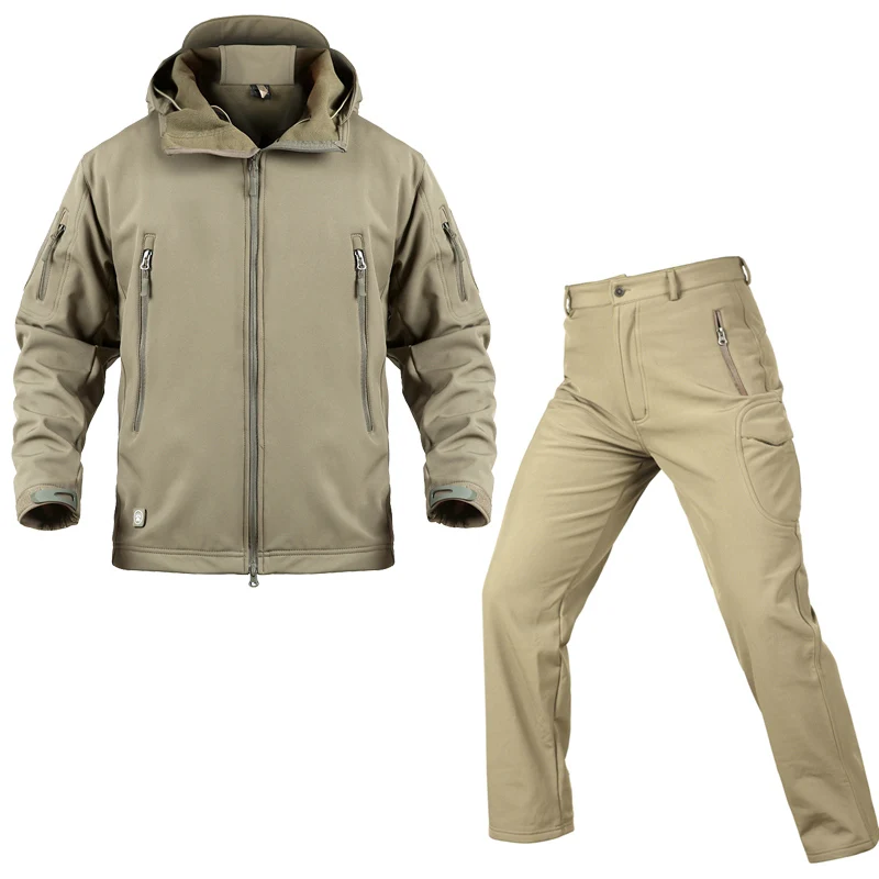 Зимние водонепроницаемые мужские комплекты теплые толстовки военные куртки мужские армейские брюки Тактический жакет комплект куртка повседневная одежда женские брюки - Цвет: Sandy