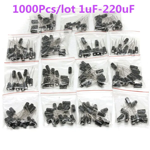 

New Arrival 1000Pcs 15 Values Electrolytic Capacitor Assortment Kit 1uF~220uF Capacitors Assorted Set on sale