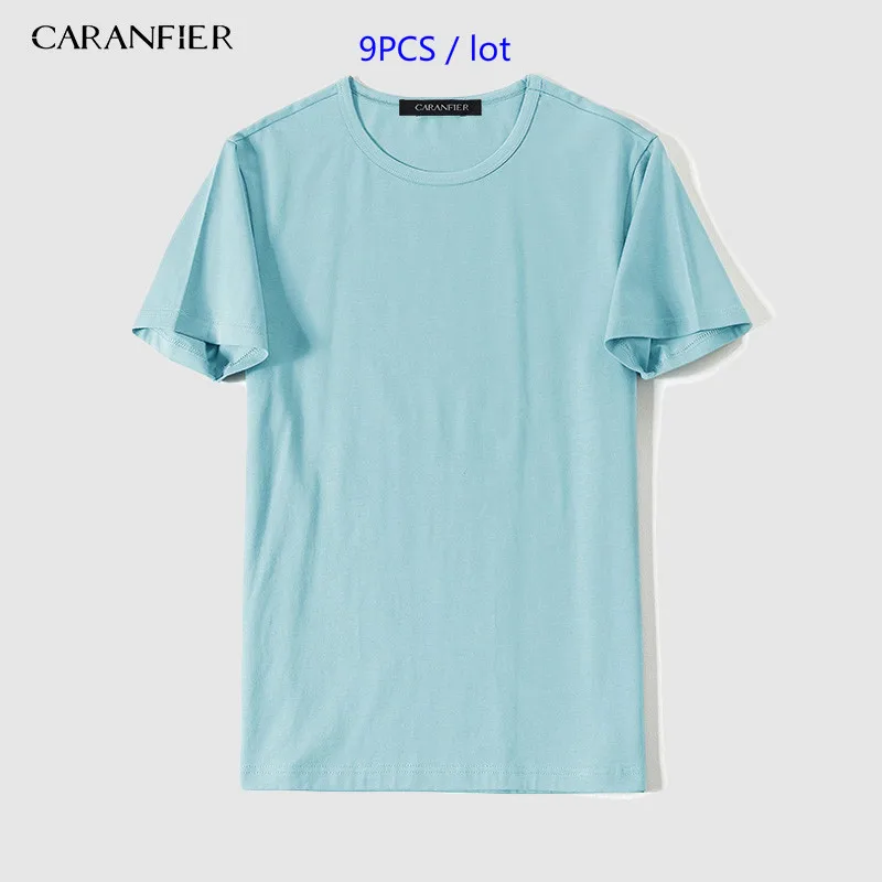 CARANFIER 9 шт. Футболка мужская хлопковая Однотонная футболка o-образным вырезом с коротким рукавом мужские футболки летние мужские повседневные новые брендовые Топы - Цвет: Мятный