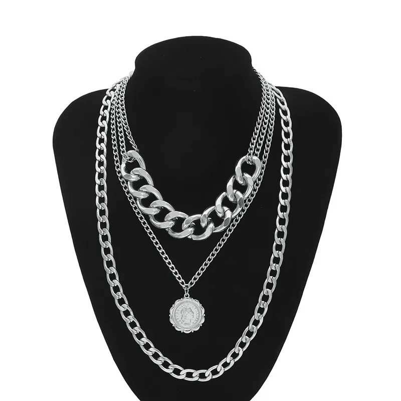 Ожерелье-чокер в стиле панк, медальон, кубинское ожерелье, винтажный большой круг, толстая цепочка, ожерелье, браслет, набор женских хип-хоп ювелирных изделий