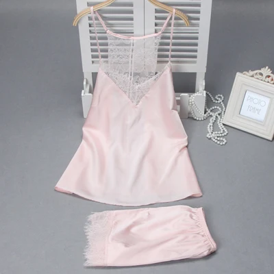 Для женщин сексуальная шелковая, сатиновая Пижама комплект кружевной пижамы Пижама с v-образным вырезом без рукавов, пижама, набор летняя Домашняя одежда модная ночная рубашка - Цвет: pink