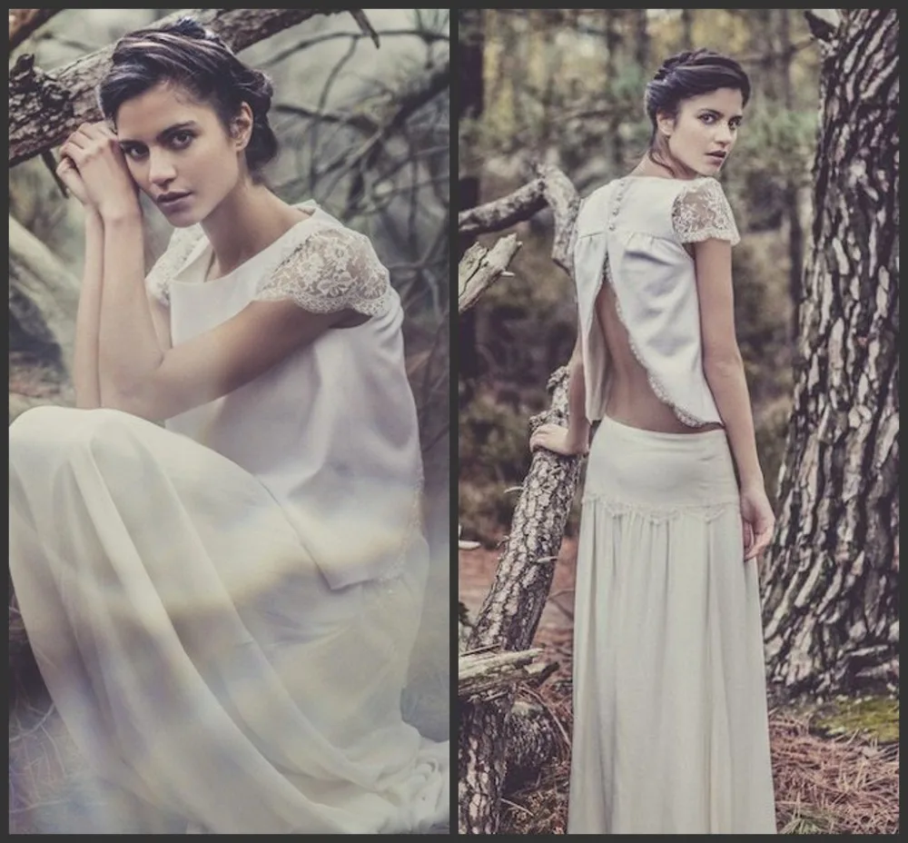 

Vintage Laure de Sagazan 2019 Bridal Gowns Sexy Backless Two Piece Boho Chiffon Lace Beach Wedding Dresses With Short Sleeve