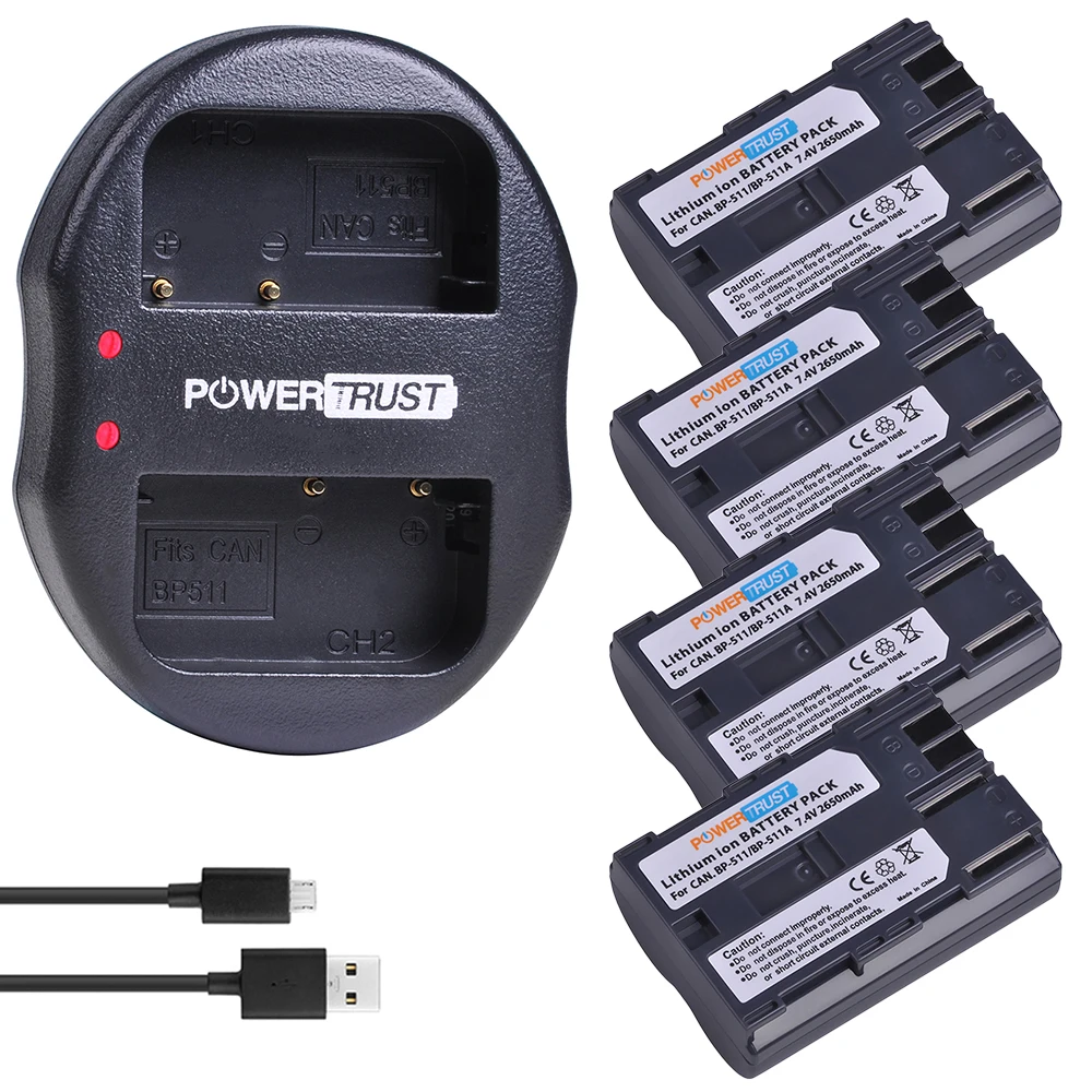 4X2650 Mah Bp-511A Bp-511 Bp 511 Bp511 Battery + Usb Caricatore Doppio Per Canon Bp-511 G6 G5 G3 G2 G1 Eos 300D 50D 40D 30D 20D 5D