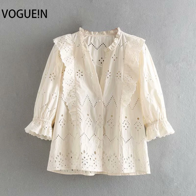 

VOGUEIN New Womens Sweet Floral Embroidery Hollow Ivory 3/4 Sleeve Top Shirt Blouse Wholesale