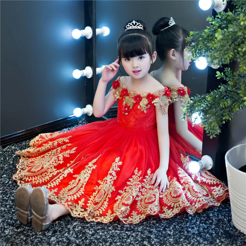 

Shoulderless Flower Girl Dresses for Wedding Gold Appliques Holy Communion Dress Sequined Ball Gown Kids Party Gowns Birthday K