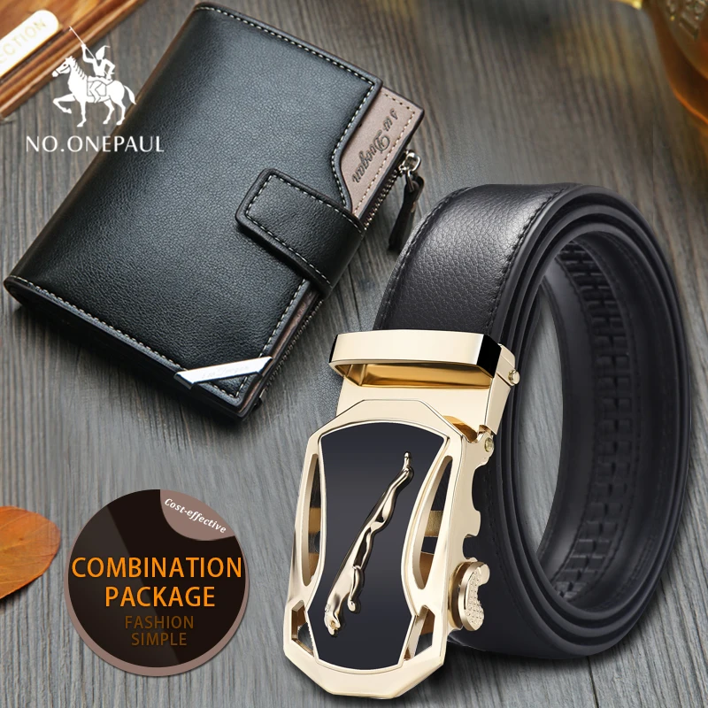 

set/sets suit New Designer Leather StrapAutomatic Buckle For Men Girdle Men animal picture leopard Automatic buckle men wallet