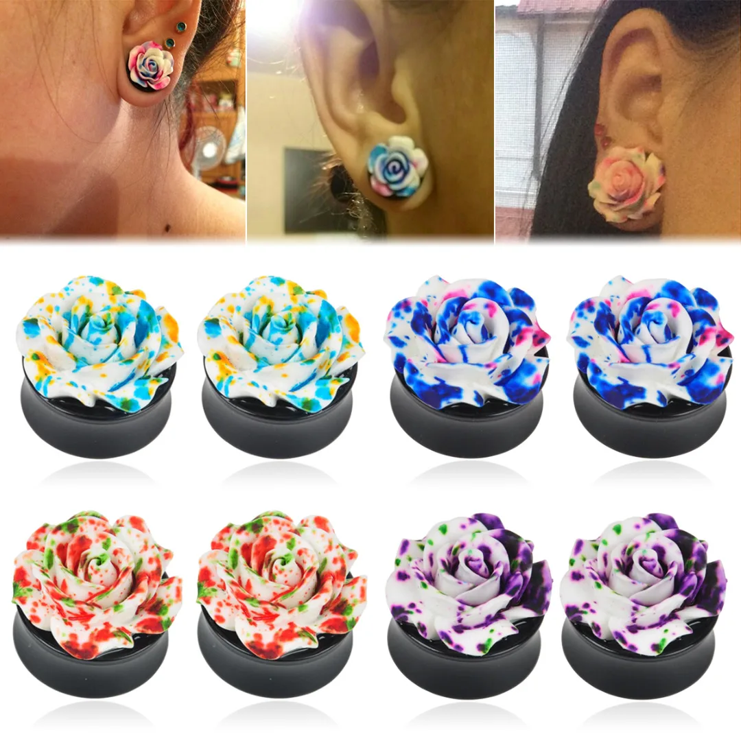 1Pair Double Saddle Ear Plugs Shellhard Rose Flower Acrylic Gauges