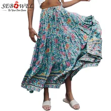 SEBOWEL, Цветочная, высокая талия, макси, расклешенная, бохо, юбка для женщин, летняя, женская, плиссированная, с принтом, длинные юбки,, женские, вечерние, пляжная юбка