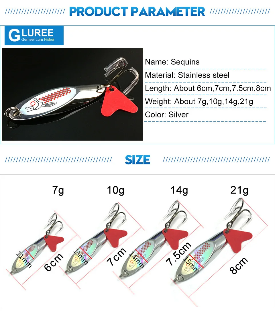 GLUREE 1 шт., 7 г, 10 г, 14 г, 21 г, металлическая блесна, искусственная приманка с тройным крючком, рыболовные снасти