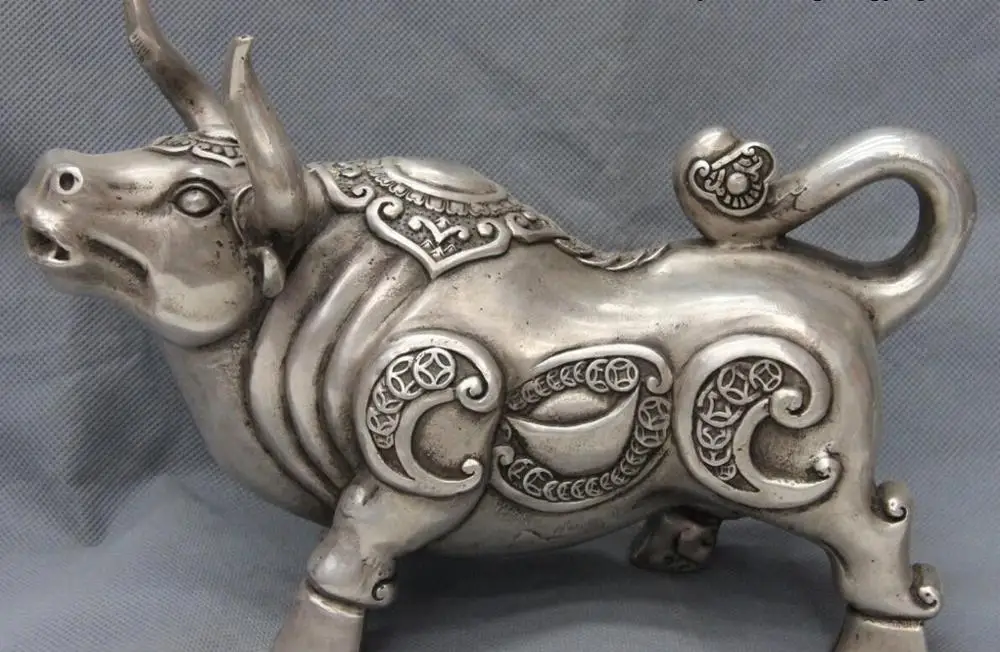 

6 Chinese Copper Silver Zodiac Year Cow Cattle Bull Ox Oxen Bovine Animal Statue