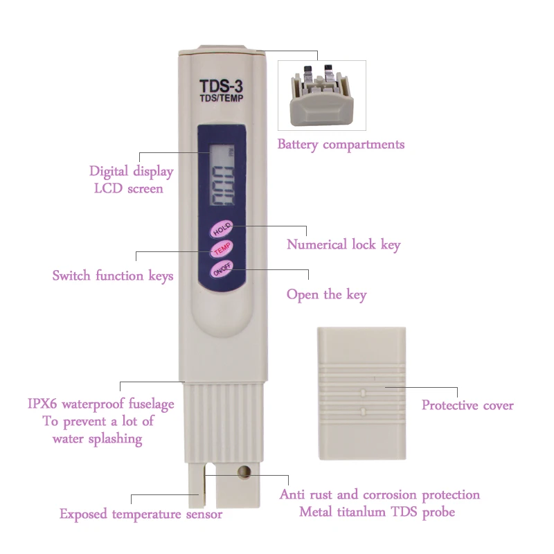 Портативный Карманный рН-метр для воды, цифровой тестер качества для аквариумного бассейна и ЖК-цифровой TDS3 Temp PPM тестер 17