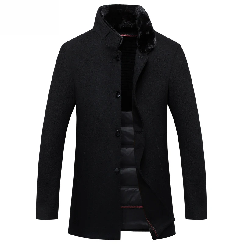 Утолщенная Теплая Зимняя шерстяная Мужская куртка с воротником из натурального меха, однобортная куртка Heren Wollen Winterjas - Цвет: Черный