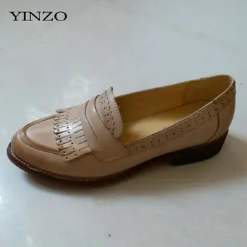 

2020 Mew Sheepskin leather round toe thick heel tassel design High quality Low-heeled Shoes Slip-On Loafers women Bullock Oxford