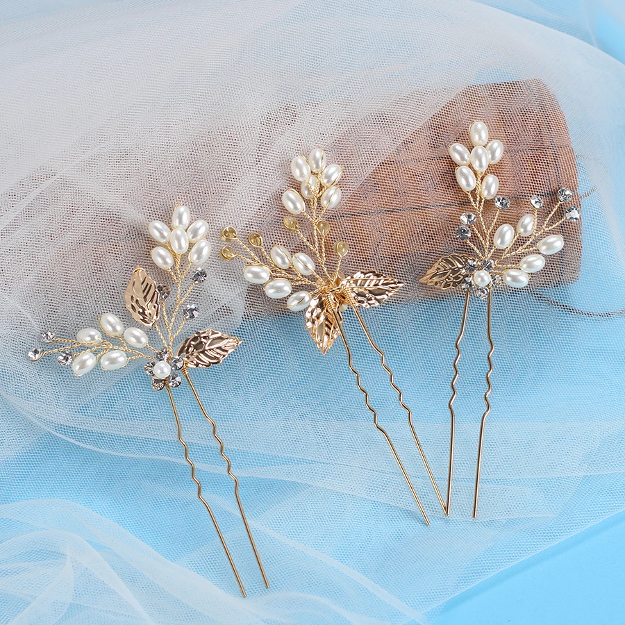 

3pc/lot Gold Wedding Hair Pins Pearl Crystal Flower Bridal Hairpins Bride Rhinestone Hair Clip Hairclips Leaf Hairwear For Women