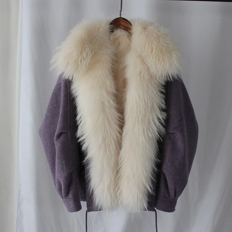 OFTBUY пальто с натуральным мехом, зимняя куртка, Женская парка, шерстяное пальто, верхняя одежда, натуральный мех енота, Толстая теплая уличная одежда, новинка - Цвет: Фиолетовый