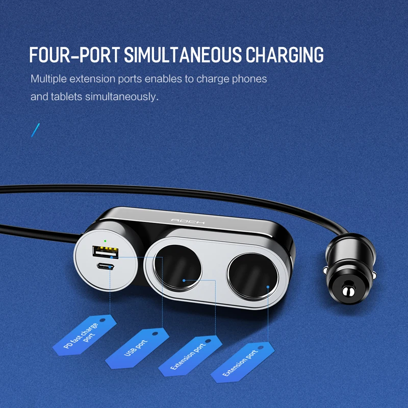 Rock 2 в 1 розетка для автомобильного прикуривателя Splitter Plug USB PD быстрое зарядное