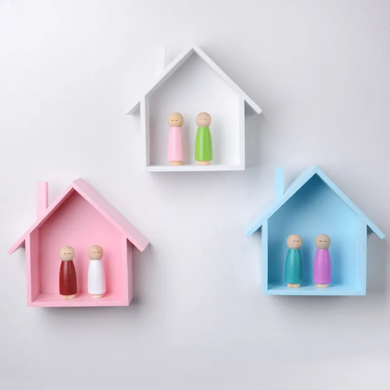 

Multifunctional Wall-mounted Storage Rack Wooden Display Stand Hanging House Shape Partition Children's Room Home Decoration
