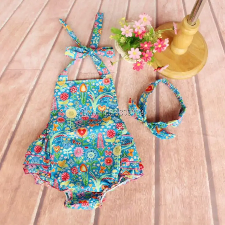 

Floral Bubble Romper with Headband- Baby Girl Romper with Headband- Tea Party Romper- Sun suit
