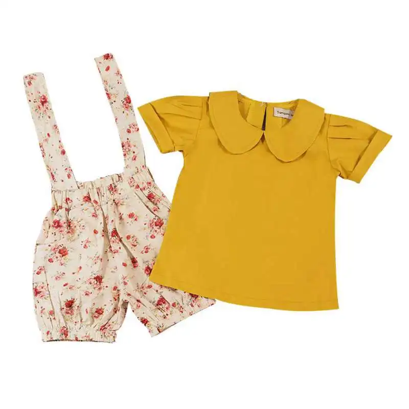 

2pcs Summer Kids Casual Clothes Short Sleeve Baby Girl  Tops T-shirt+Strap Shorts Clothes Outfits Set