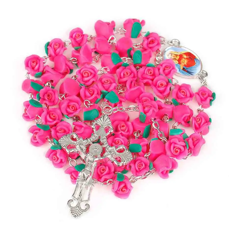 Красный розовый 8 мм роза из полимерной глины бусины Четки католическое ожерелье со священной почвой медаль распятие молитва религиозный крест ожерелье s - Окраска металла: A