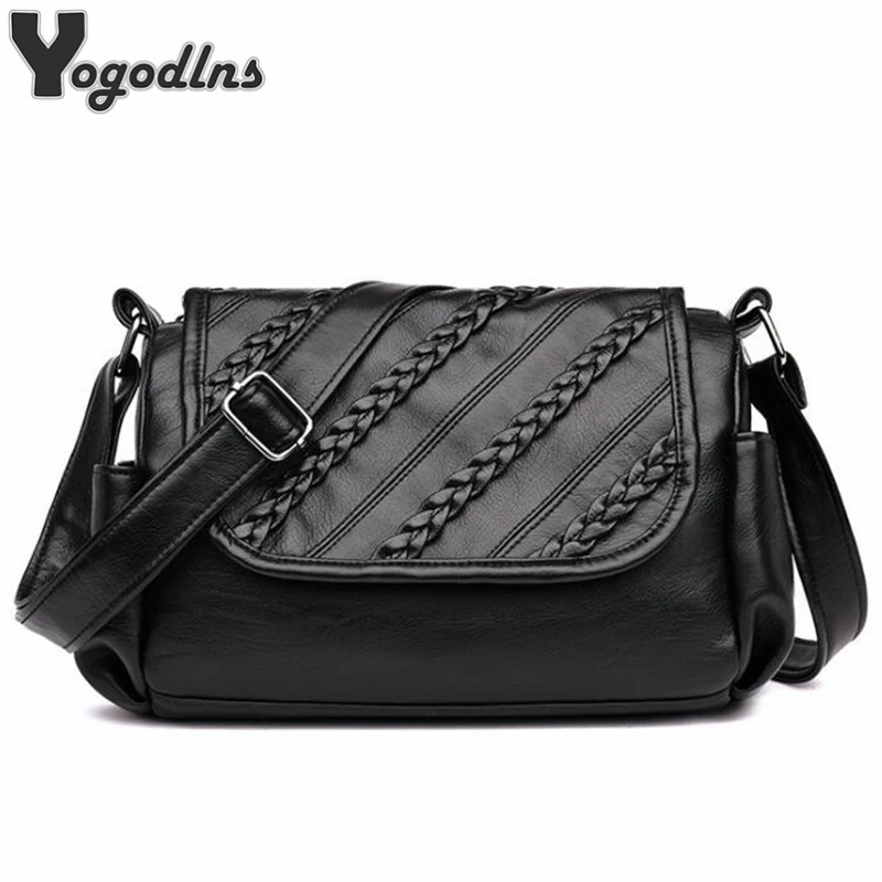 

Retro Braided pattern Women Messenger Bags Fashion Design Small Flap Shoulder Bag For Lady Soft Crossbody Bags Black