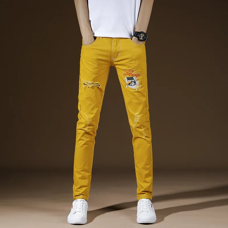 Высокое качество модные повседневные студенческие хип-хоп подростковые цветные джинсы с дырками и заплатками, желтые хлопковые обтягивающие джинсы для мужчин