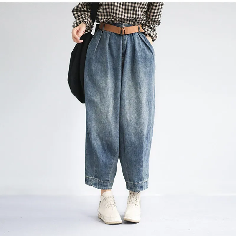 

2019 Fashion Women Pockets Denim Pants Blue Belt Wide Leg Pants Casual Button Loose Pants