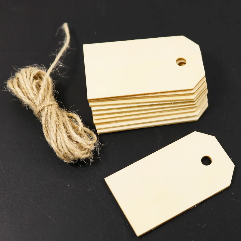 

50pcs Natural Wooden Gift Tags DIY Craft Hang Tags Wood Embellishment With Hemp String Handmade Wedding Decoration Party Supply