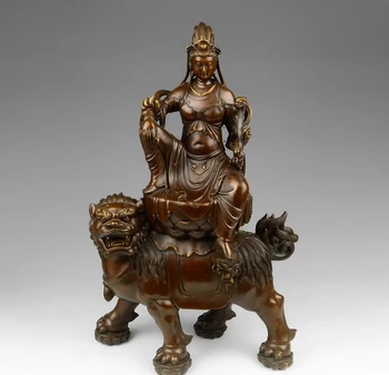 

Tibet Red Copper Manjusri Kwan-yin Guanyin Bodhisattva Ride Foo Dog Lion Statue