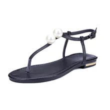 2017 Summer New Genuine Leather Rome Women Flat T-strap Thong Pearl Decoration Sandals Shoes