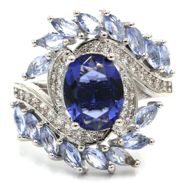 

8.0# Luxury Paris Blue Topaz White CZ Ladies Wedding Silver Ring 19x17mm